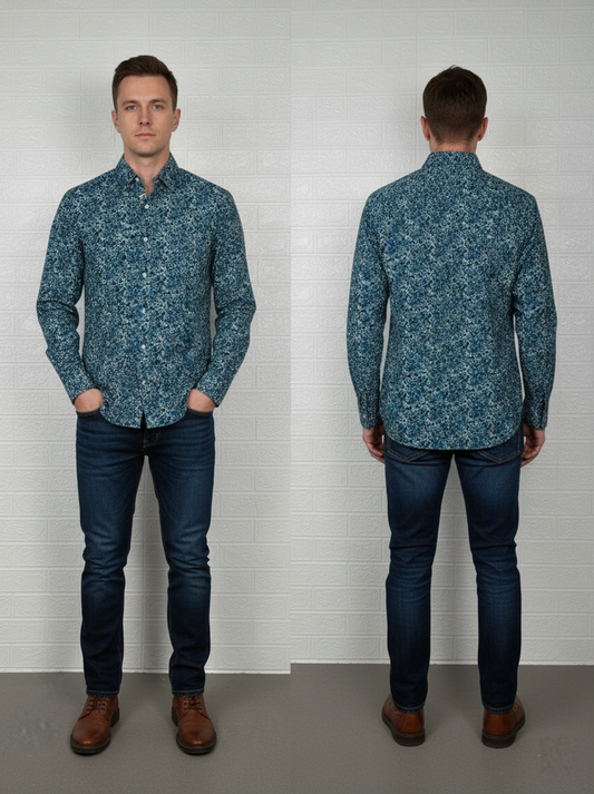 M&S Men’s Shirt – Blue Floral Printed Long Sleeve Casual Wear Size 2XL