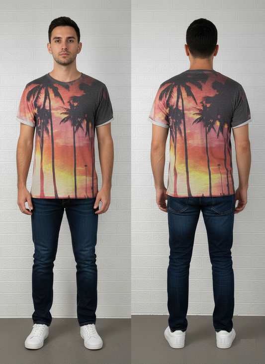 Malibu Sunset Graphic T-Shirt | Los Angeles California Tee | Tropical Beach Vibes | Medium Size