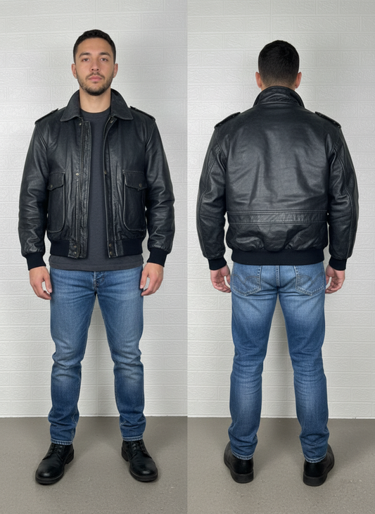 Men’s Black Leather Jacket – Bomber Style, Size 16