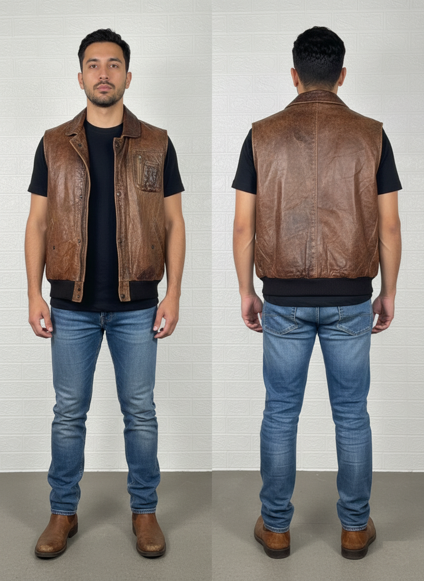 Men's Black Leather Vest – Worn Out Cowboy Style, Medium