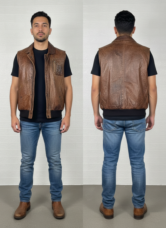 Men's Black Leather Vest – Worn Out Cowboy Style, Medium
