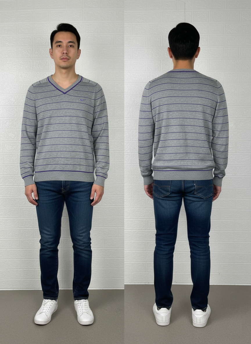 Nike V-Neck Sweater S - Grey Striped Athletic Pullover
