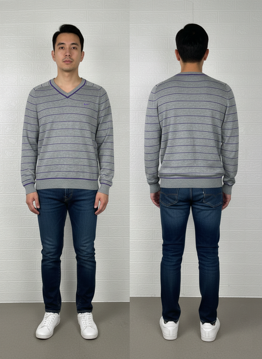Nike V-Neck Sweater S - Grey Striped Athletic Pullover