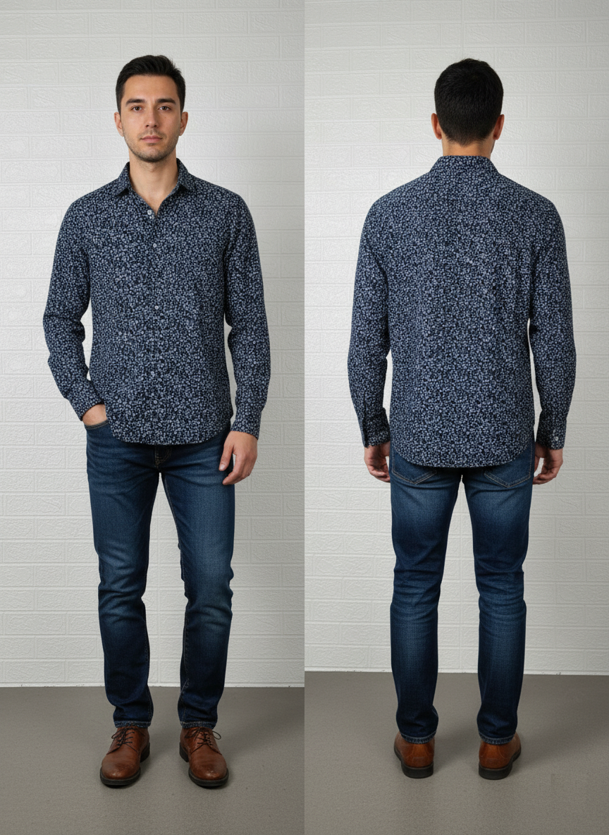 Peacocks Men's Shirt - Blue Floral Printed Long Sleeve Casual Wear