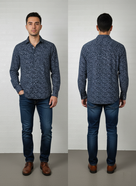Peacocks Men's Shirt - Blue Floral Printed Long Sleeve Casual Wear