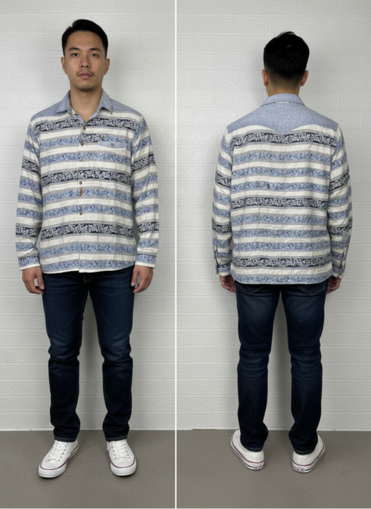 Pearly King Men’s Shirt – Blue Printed Long Sleeve Casual Wear