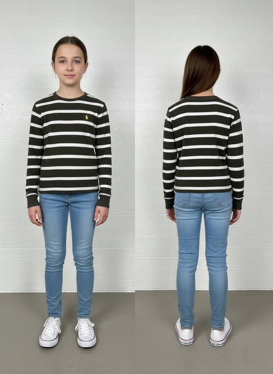 Polo Ralph Lauren Boys’ Striped Long Sleeve Shirt – Black & White, Size Medium (10–12)