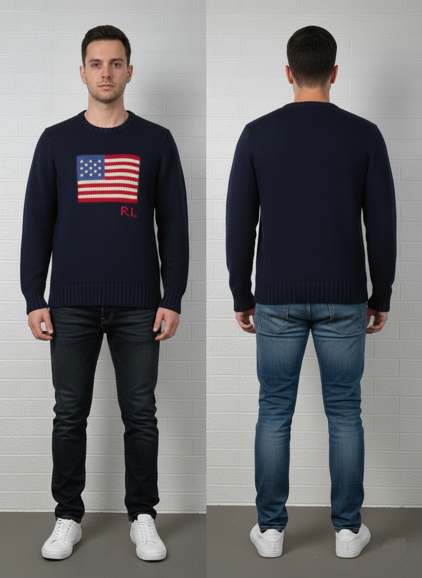 Polo Ralph Lauren Flag Sweater | Size M (10-12) | USA Flag Knit Pullover | Navy Cotton Crewneck | Y2K Preppy Americana Style | Pre-Owned