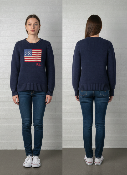 Polo Ralph Lauren Flag Sweater | Size M (10-12) | USA Flag Knit Pullover | Navy Cotton Crewneck | Y2K Preppy Americana Style | Pre-Owned