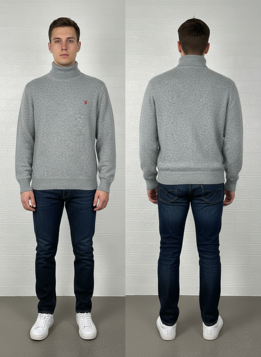 Polo Ralph Lauren Men’s Gray Turtleneck Sweater – Wool Blend Knit, Size Medium