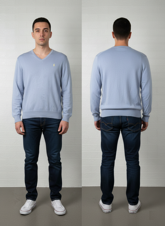 Polo Ralph Lauren Men’s V-Neck Cotton Sweater – Sky Blue, Size Large