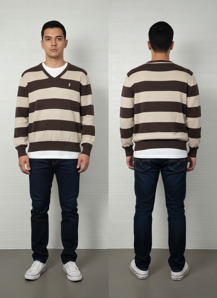 Polo Ralph Lauren Men’s V-Neck Striped Sweater – Brown/Beige, Size Large