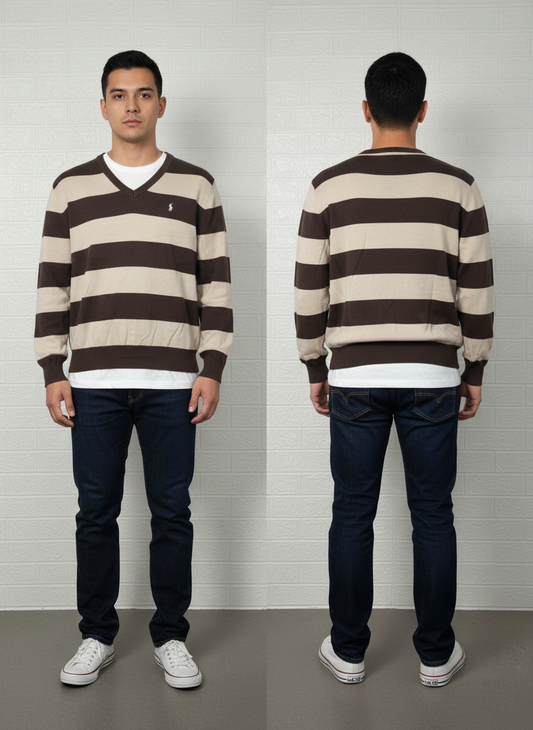 Polo Ralph Lauren Men’s V-Neck Striped Sweater – Brown/Beige, Size Large