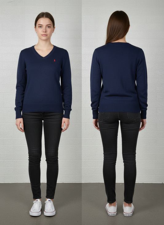 Polo Ralph Lauren Navy Blue Sweater – Medium (10-12) | V-Neck Classic Knit