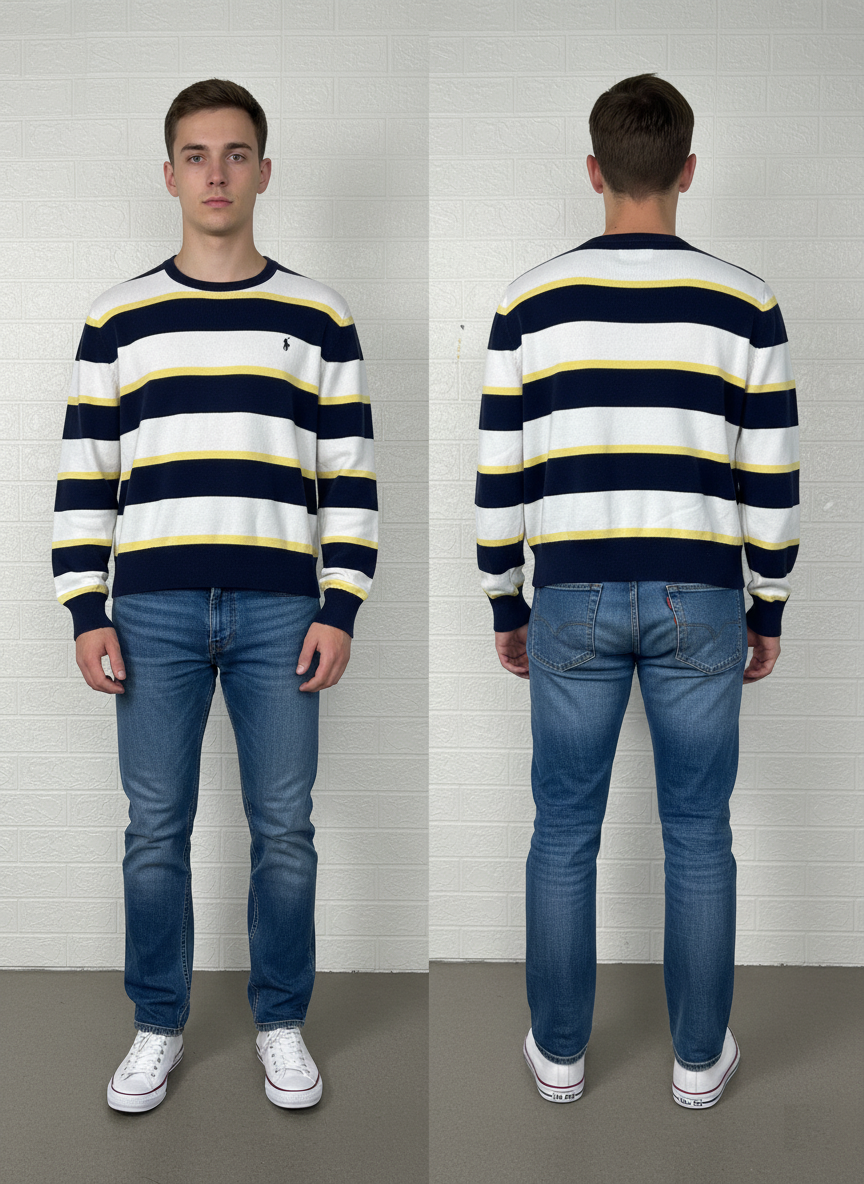 Polo Ralph Lauren Striped Crewneck Sweater – Navy, White & Yellow – Men’s Size M