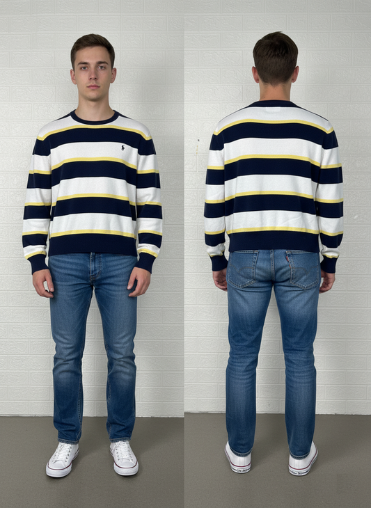 Polo Ralph Lauren Striped Crewneck Sweater – Navy, White & Yellow – Men’s Size M