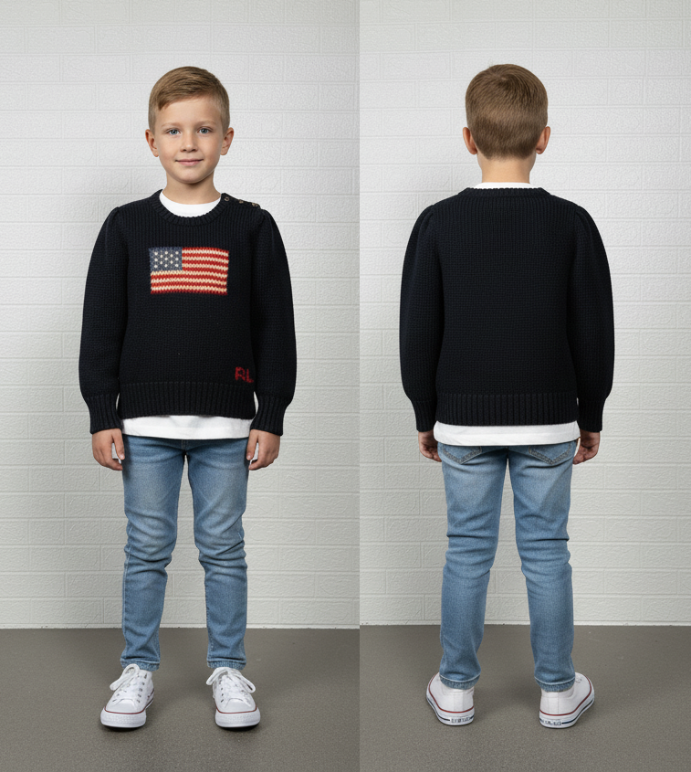 Polo Ralph Lauren Toddler USA Flag Sweater | Size 4/4T | Navy Blue Knit Pullover with Shoulder Buttons | Classic Americana Style | Pre-Owned