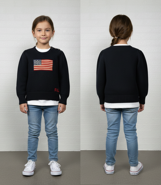 Polo Ralph Lauren Toddler USA Flag Sweater | Size 4/4T | Navy Blue Knit Pullover with Shoulder Buttons | Classic Americana Style | Pre-Owned