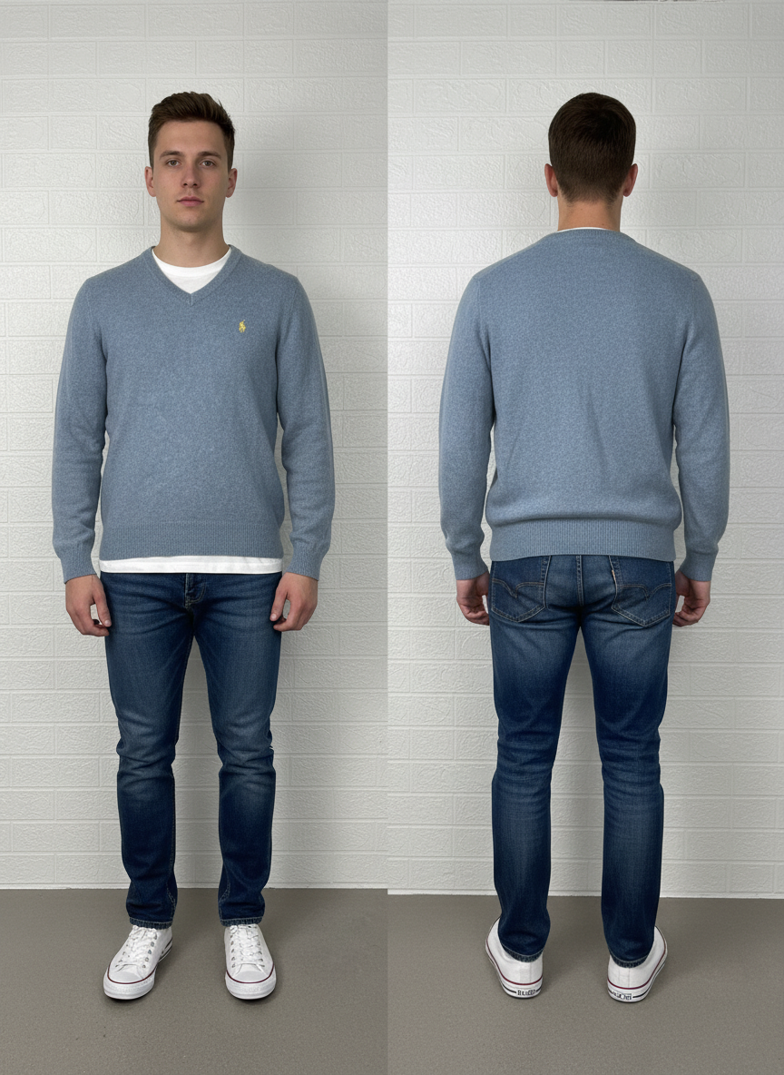 Polo Ralph Lauren V-Neck Sweater | 100% Lambswool | Gray Knit Jumper | Men’s Size M
