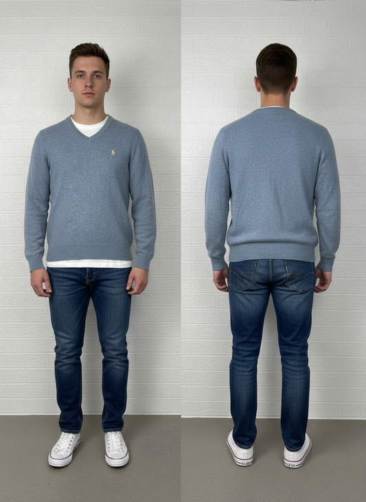 Polo Ralph Lauren V-Neck Sweater | 100% Lambswool | Gray Knit Jumper | Men’s Size M