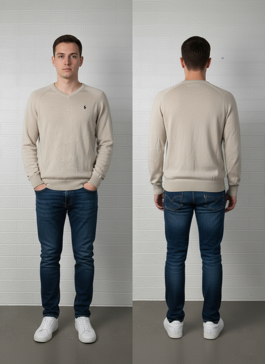 Polo Ralph Lauren V-Neck Sweater | Beige Knit Jumper | Size Small | Classic Polo Pullover