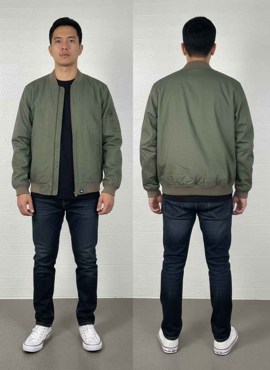 Preloved Dickies Men’s Bomber Jacket – Olive Green Workwear Style, Size X-Large