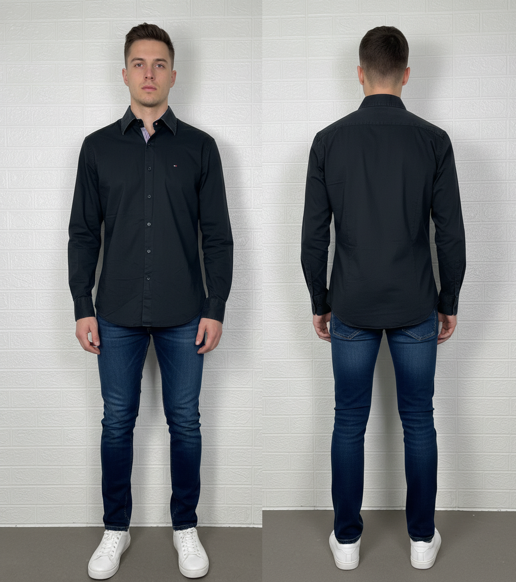 Preloved Tommy Hilfiger Men’s Black Shirt – Custom Fit, Size XXL