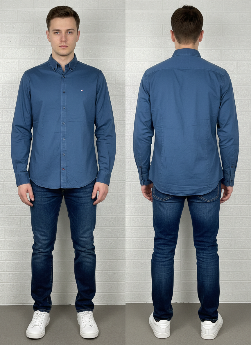 Preloved Tommy Hilfiger Men’s Navy Blue Checked Shirt – Custom Fit, Size Medium