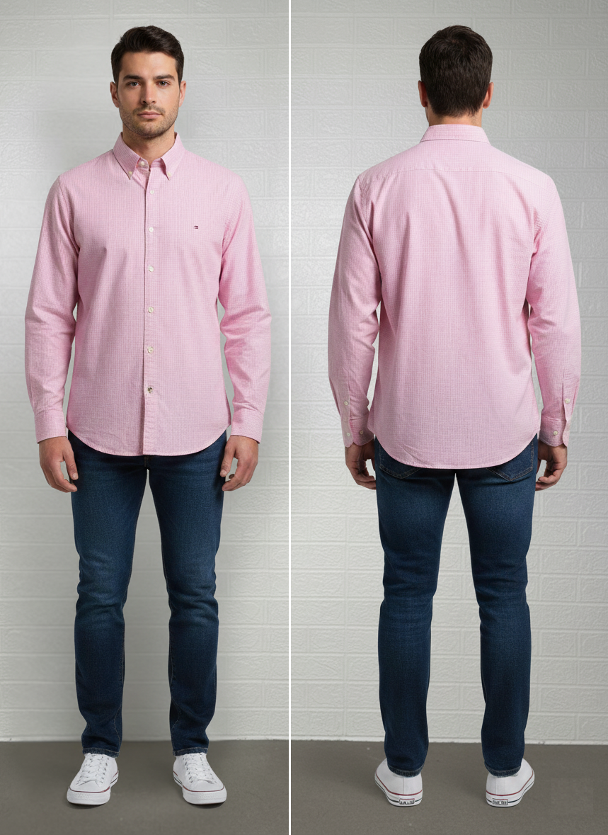 Preloved Tommy Hilfiger Men’s Pink Checked Shirt – Custom Fit, Size XXL