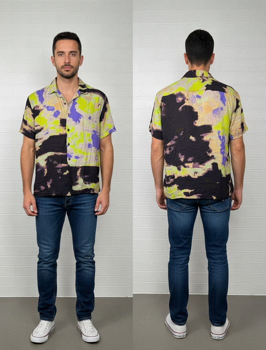 Primark Men’s Shirt – Multi-Color Abstract Printed Short Sleeve