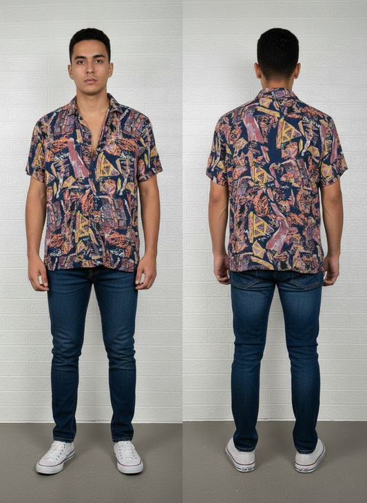 Pull & Bear Men’s Shirt – Multi-Color Printed Short Sleeve
