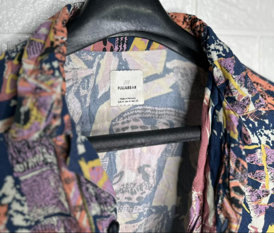 Pull & Bear Men’s Shirt – Multi-Color Printed Short Sleeve