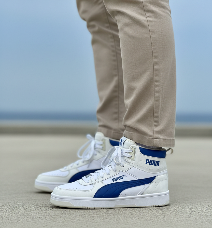 Puma Soft White & Blue High-Top Sneakers – Men’s Size UK 10.5