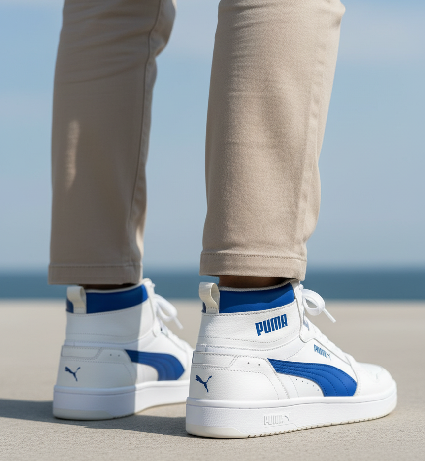 Puma Soft White & Blue High-Top Sneakers – Men’s Size UK 10.5