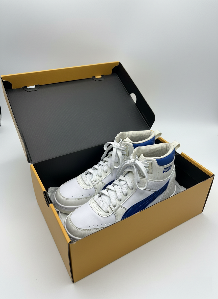 Puma Soft White & Blue High-Top Sneakers – Men’s Size UK 10.5