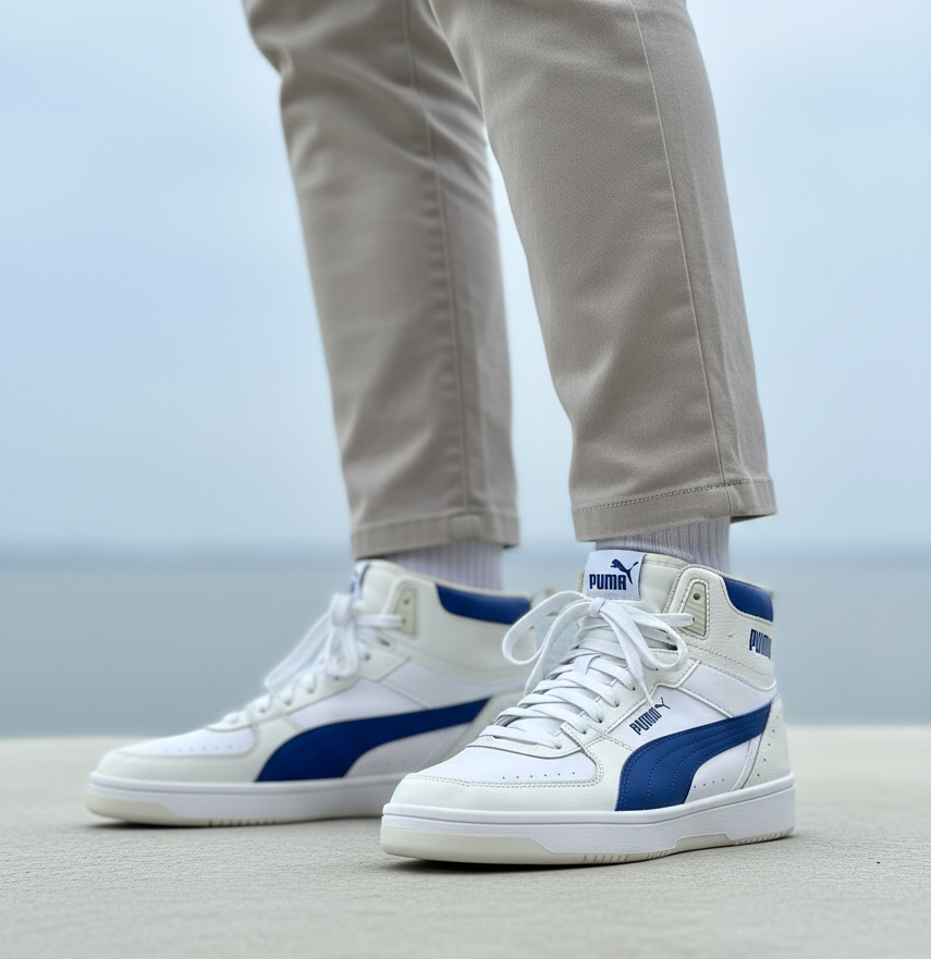 Puma Soft White & Blue High-Top Sneakers – Men’s Size UK 10.5
