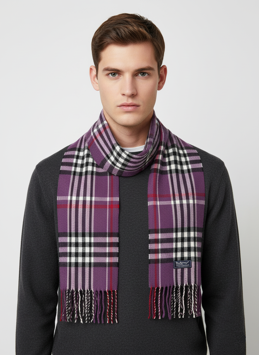 Purple Plaid Muffler Scarf - Checkered & Fringed Winter Accessory