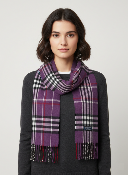 Purple Plaid Muffler Scarf - Checkered & Fringed Winter Accessory