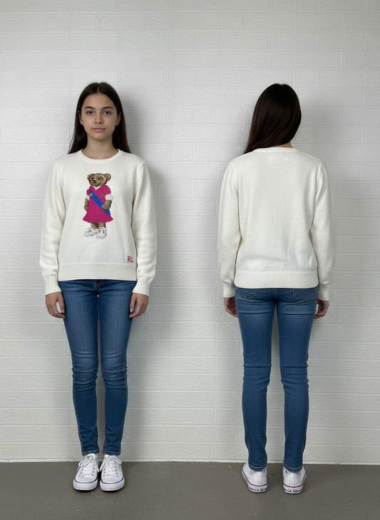Ralph Lauren Polo Bear Sweater | Size L/G (12–14) | White Knit Pullover | Iconic Preppy Style | Vintage Y2K Polo Bear Crewneck | Pre-Owned