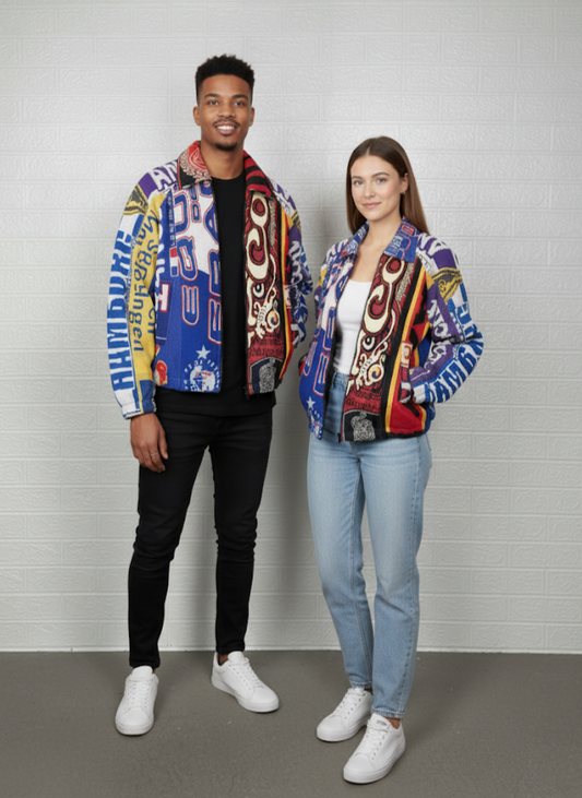 Upcycled Rework Football Scarf Jacket – Handmade Patchwork Streetwear Coat – Soccer Fan Vintage Style – Size Large