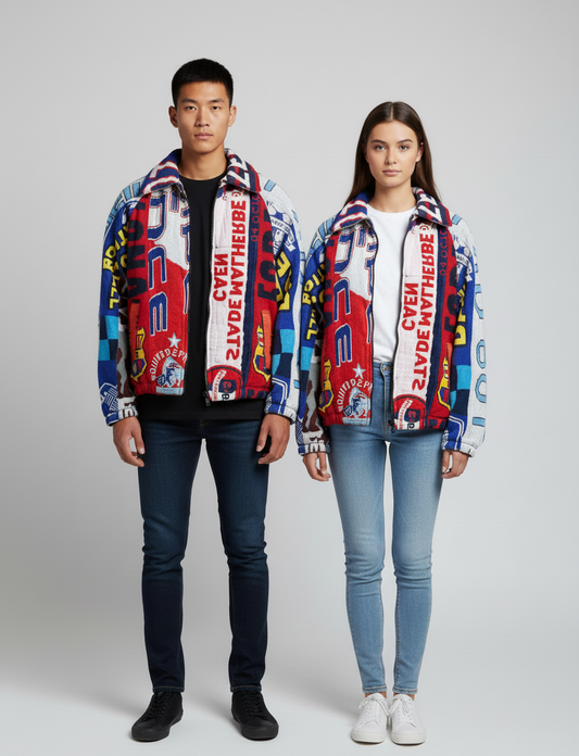 Upcycled Rework Football Scarf Jacket – Handmade Patchwork Streetwear Coat – Soccer Fan Vintage Style – Size Large