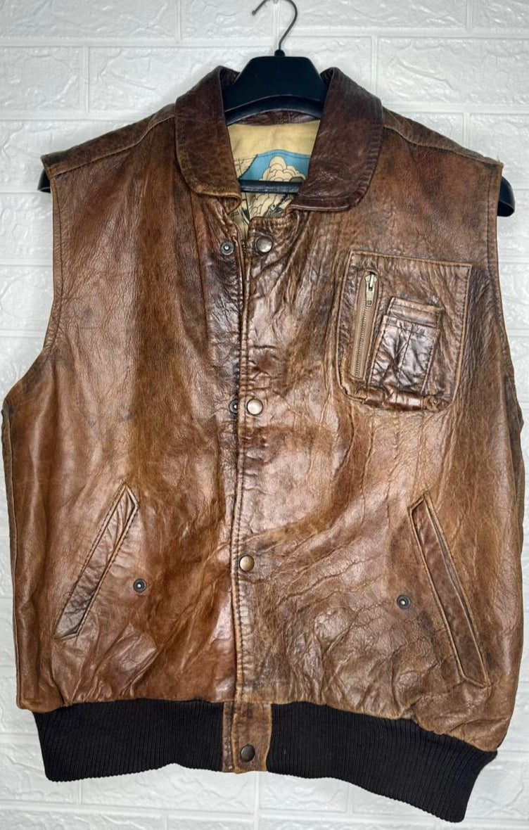Men's Black Leather Vest – Worn Out Cowboy Style, Medium