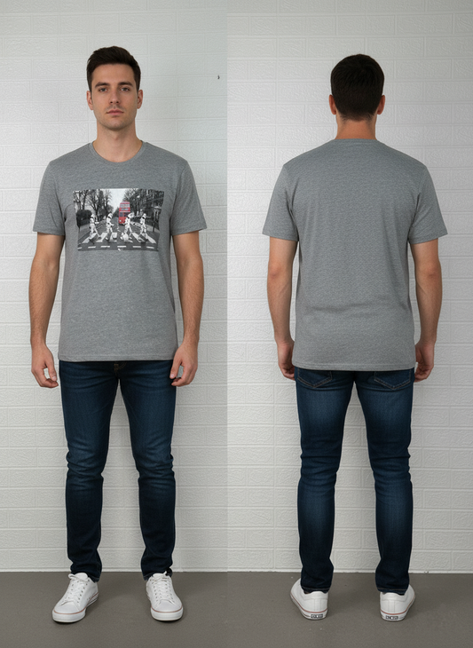 Stormtroopers Abbey Road Graphic T-Shirt | Star Wars Parody Tee | XL Grey Funny Crossover Shirt
