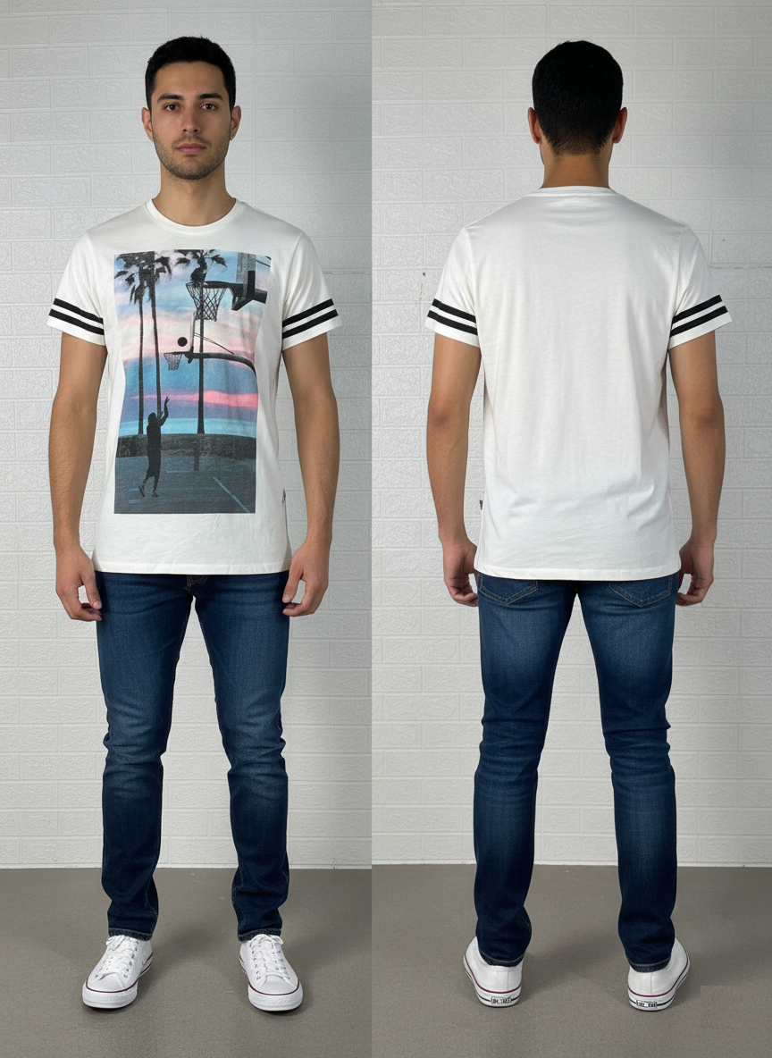 Sunset Basketball Court Graphic T-Shirt | Size Large | Palm Trees & Hoop Print | Streetwear Style