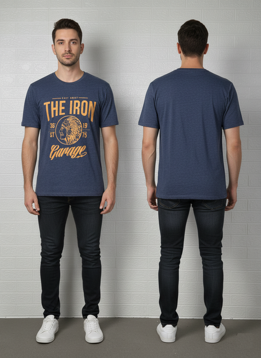 The Iron Garage Graphic T-Shirt | Vintage East Coast Style Tee | Classic Heritage Print | Navy Blue XL