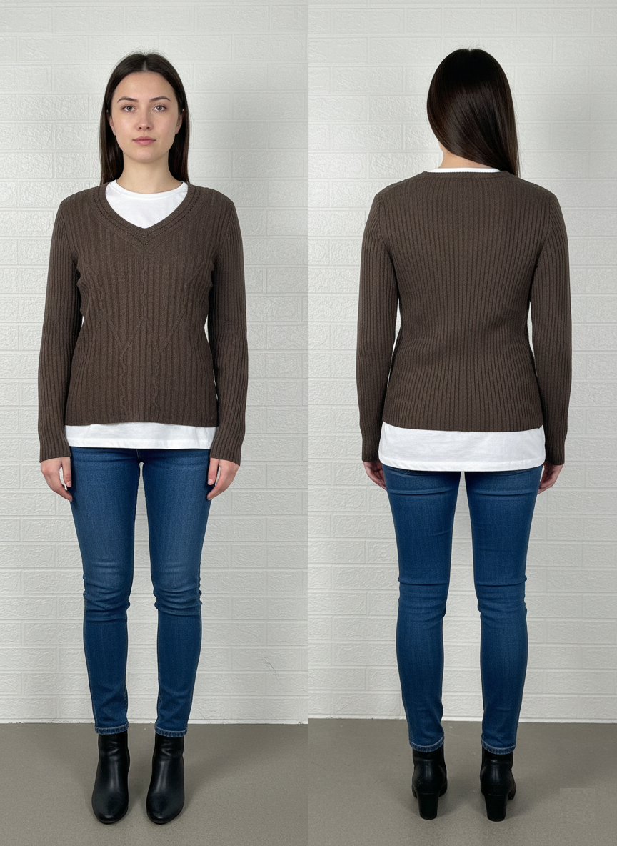 Tommy Hilfiger Brown Cable Knit V-Neck Sweater S - Classic & Slim Fit Pullover