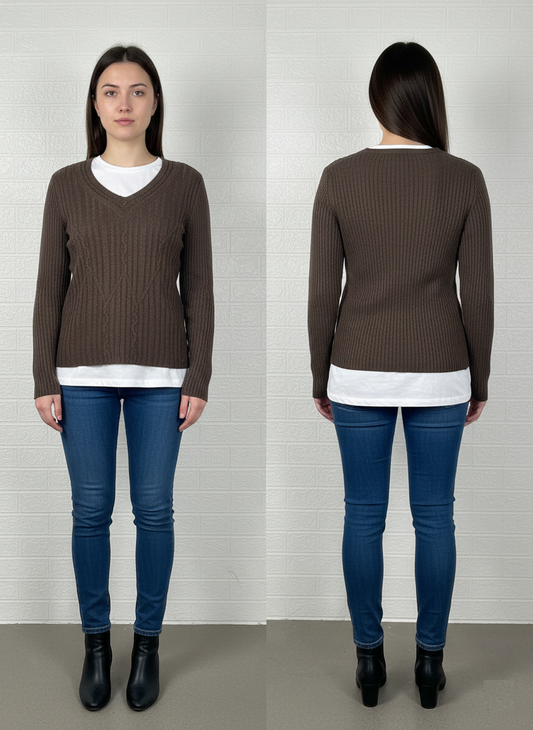Tommy Hilfiger Brown Cable Knit V-Neck Sweater S - Classic & Slim Fit Pullover