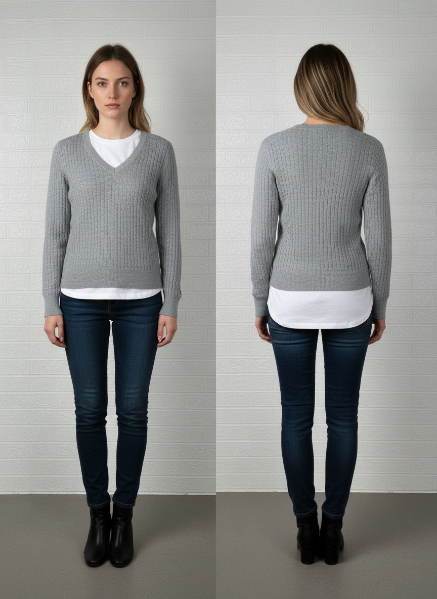 Tommy Hilfiger Gray Cable Knit V-Neck Sweater Medium - Classic & Slim Fit Pullover