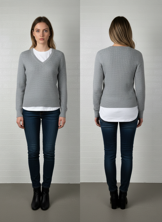 Tommy Hilfiger Gray Cable Knit V-Neck Sweater Medium - Classic & Slim Fit Pullover