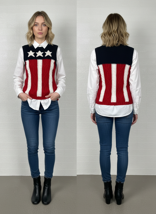 Tommy Hilfiger Handknit American Flag Sweater Vest M - Red White Blue Knitted Top